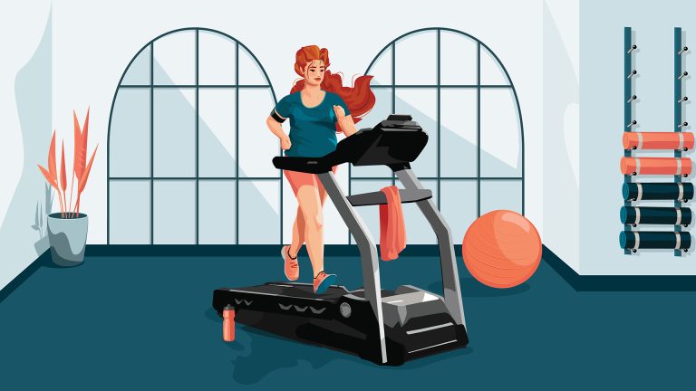 Übergewichtige Frau macht Cardio auf dem Laufband und schwitzt.