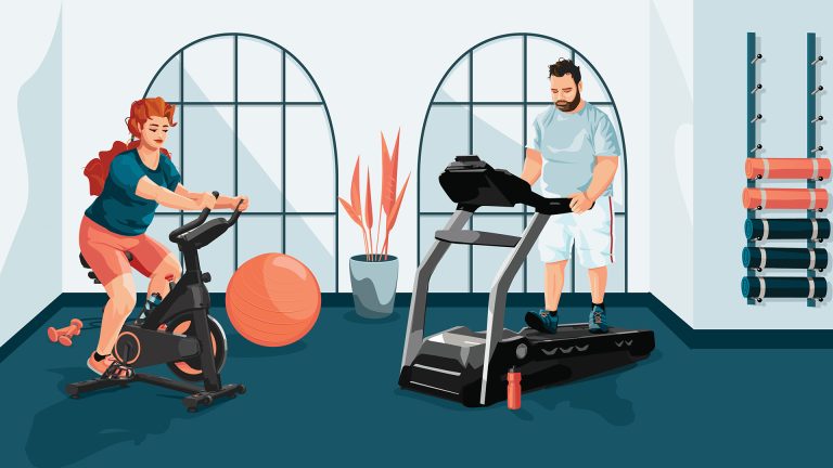Frau und Mann nehmen im Gym ab mit Cardio.