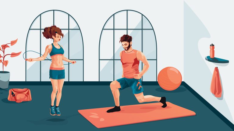 Mann und Frau wärmen sich auf im Fitnessstudio.
