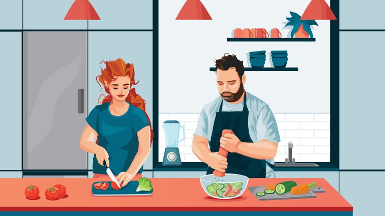 Füllige Frau und fülliger Mann kochen gesund