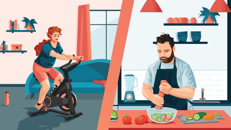 Linke Bildhälfte: Frau auf Spinning Bike. Rechte Bildhälfte: Mann kocht gesund.