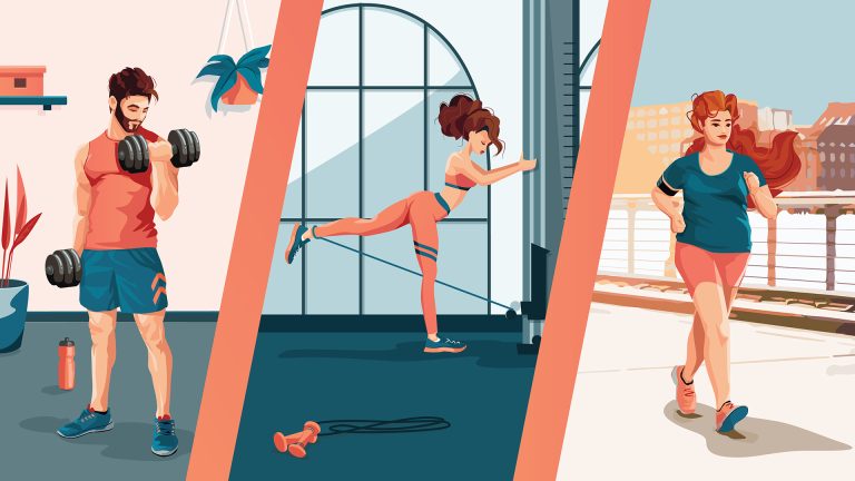 Links: Mann trainiert zu Hause. Mitte: Athletische Frau trainiert ihren Po im Gym. Rechts: Übergewichtige Frau macht Cardio in der Natur.