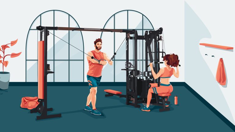 Frau und Mann trainieren im Fitnessstudio.