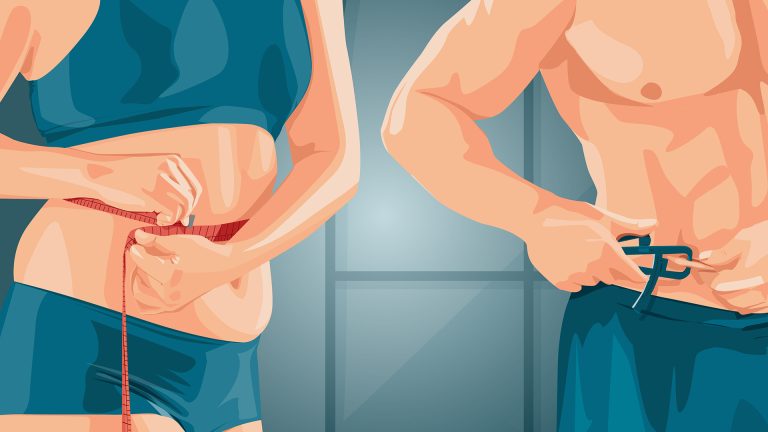 Körperfettmessung am Bauch von Frau und Mann.